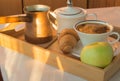 Cup of coffee, Turk, Apple on wooden plate closeup. Breakfast, Selective focus