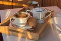 Cup of coffee, Turk, croissants on wooden plate closeup. Breakfast, Selective focus