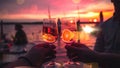 cup of coffee and two glass of wine people silhouette drink orange wine beach cafe at romantic pink sunset evening on sea s Royalty Free Stock Photo