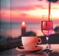 cup of coffee and two glass of wine people silhouette drink orange wine on beach cafe at romantic pink sunset evening on sea Royalty Free Stock Photo