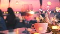 cup of coffee and two glass of wine people silhouette drink orange wine on beach cafe at romantic pink sunset evening on sea Royalty Free Stock Photo