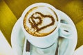 Cup of coffee with two hearts. It s symbol of Love in foam. It& x27;s a delicious sweet hot drink Royalty Free Stock Photo