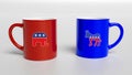 Cup of Coffee, US politics or election concept, Debate concept, Democrat Party, Republican Party, Red and Blue Mug isolated.