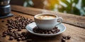 Cup of coffee using beans over a rustic wooden table. Royalty Free Stock Photo