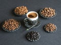 A cup of coffee and varieties of coffee beans.