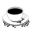 Cup of coffee, vector outline drawing, contour picture, coloring, sketch, silhouette. A cup of black coffee on a saucer