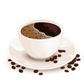 Cup of coffee vector realistic illustration. White cup of black coffee on a saucer on which coffee beans are scattered