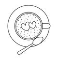 Cup of coffee. View from above. There is a spoon on the saucer. Sketch. Heart-shaped foam on the drink. Latte art. Vector.