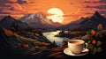 a cup of coffee with a view of a mountain and a river