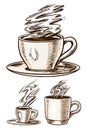 A cup of coffee in vintage style. Hand drawn engraved retro sketch for labels. Hot drink. Cappuccino Espresso Latte