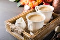 Cup of coffee in vintage wooden tray Royalty Free Stock Photo