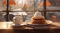 Cup of coffee and waffles with whipped cream on wooden table Royalty Free Stock Photo