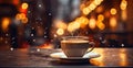 A cup of coffee on wet pavement. Bokeh lighting. Night street Royalty Free Stock Photo