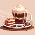 a cup of coffee with whipped cream and a piece of cake on a plate Royalty Free Stock Photo