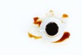 Cup of coffee on white background with stains. Breakfast.