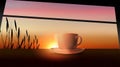 Cup of coffee  at window top at orange  orange sunset in sea sun beam reflection Royalty Free Stock Photo