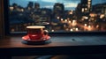 cup of coffee on window top in street cafe at night ,view on rainy city blurred light Royalty Free Stock Photo