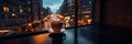 cup of coffee on window top in street cafe at night ,view on rainy city blurred light Royalty Free Stock Photo