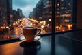 cup of coffee on window top in street cafe at night ,view on rainy city blurred light Royalty Free Stock Photo