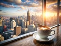 Cup of coffee on the windowsill and cityscape background