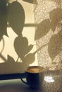 Cup of coffee on windowsill closed curtains sunrise or sunset shadows and light , crossing of plant shadows on  beige textile Royalty Free Stock Photo