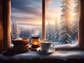 cup of coffee on the windowsill