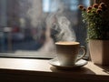 Cup of coffee on the windowsill