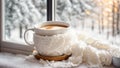 Cup of coffee windowsill, scarf on the background of the window home