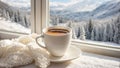 Cup of coffee windowsill, scarf on the background of the window home mug christmas
