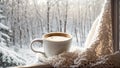 Cup of coffee windowsill, scarf on the background of the window decoration mug christmas