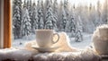 Cup of coffee windowsill, scarf on season background of the window decoration mug christmas