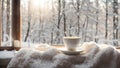 Cup of coffee windowsill, scarf on the background of the window home mug