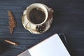 A cup of coffee on the wooden desk. Dark blue wood. Morning mood.