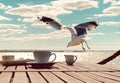 Cup of coffee on wooden table at beach seascape blue sky and sea water splash on front seagul birds nature landscape  seascape blu Royalty Free Stock Photo