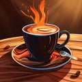 a cup of coffee on a wooden table with flames coming out of it Royalty Free Stock Photo