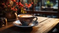 Cup Of Coffee Wooden Table With Flower Vase and Candles Copy Space Blurry Background