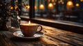 Cup Of Coffee Wooden Table With Flower Vase and Candles Copy Space Blurry Background