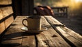 Cup of coffee on a wooden table in the forest at sunset Royalty Free Stock Photo