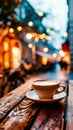 A cup of coffee on a wooden table in front of blurry lights, AI Royalty Free Stock Photo