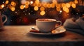 Cup of coffee on wooden table in front of Christmas tree. Space for text. Christmas background. Bokeh lights Royalty Free Stock Photo