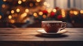 Cup of coffee on wooden table in front of Christmas tree. Space for text. Christmas background. Bokeh lights Royalty Free Stock Photo