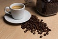 Cup of coffee on a wooden table with natural coffee