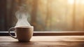 A cup of coffee on a wooden table with smoke coming out of it, AI Royalty Free Stock Photo