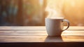 A cup of coffee on a wooden table with steam coming out of it, AI Royalty Free Stock Photo