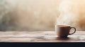 A cup of coffee on a wooden table with steam coming out, AI Royalty Free Stock Photo