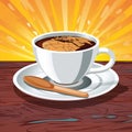a cup of coffee on a wooden table with sun rays Royalty Free Stock Photo