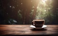 Cup of coffee on wooden table web banner size. Brown blurred background. Relaxed pace time. Good morning concept. AI Generative Royalty Free Stock Photo