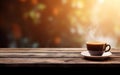 Cup of coffee on wooden table web banner size. Brown blurred background. Relaxed pace time. Good morning concept. AI Generative Royalty Free Stock Photo