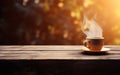 Cup of coffee on wooden table web banner size. Brown blurred background. Relaxed pace time. Good morning concept. AI Generative Royalty Free Stock Photo