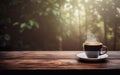 Cup of coffee on wooden table web banner size. Brown blurred background. Relaxed pace time. Good morning concept. AI Generative Royalty Free Stock Photo